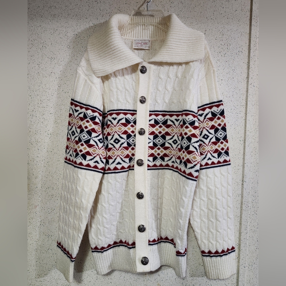 Lord Jeff Knit Cardigan Sweater 100% Wintuk Made In USA Fair Isle Style M Beige